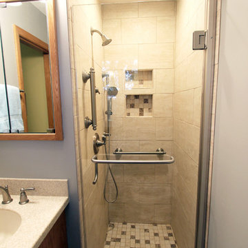 Small Bathroom Remodel with Corian Countertop, Beige Tiled Shower ~ Copley, OH