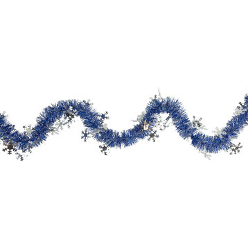 50' x 2" Blue and Silver Christmas Tinsel Garland With Snowflakes Unlit