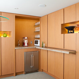 Ejemplo de sótano en el subsuelo minimalista, grande, con paredes grises, moqueta y chimenea tradicional