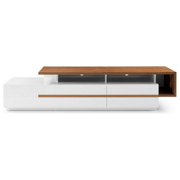 Amelio TV Stand, White High Gloss Lacquer Body and Walnut Accent