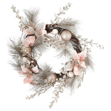 Kurt Adler Un-Lit Champagne/Gold Wreath w/ Pink Poinsettias and Ornaments, 20"