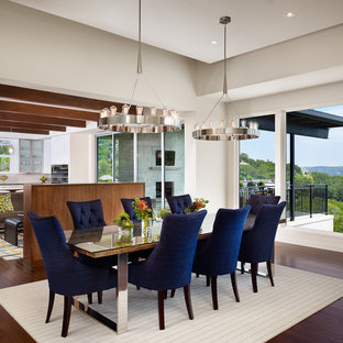 オースティンのコンテンポラリースタイルのLDKの画像 (白い壁、濃色無垢フローリング)