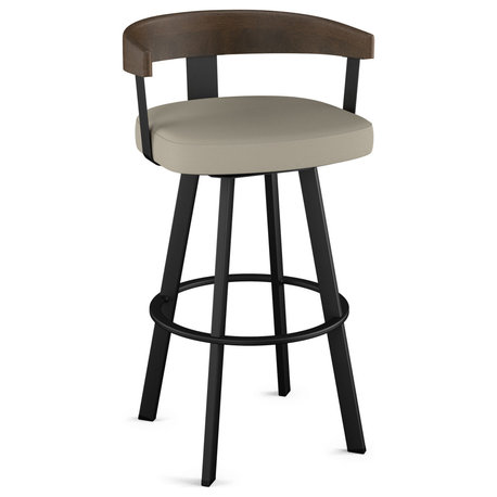Amisco Lars Counter and Bar Stool, Greige Faux Leather / Brown Wood / Black Metal, Bar Height