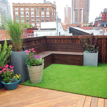 TriBeCa Rooftop Garden - Bamboo Fence, Artificial Turf, Cedar Bench, Planters
