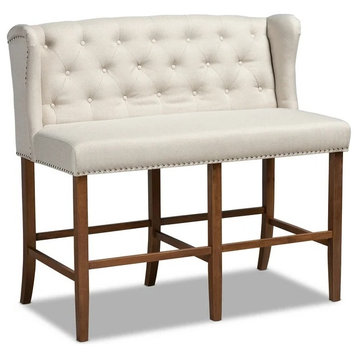 Traditional Bar Heigh Bench, Cushioned Seat With Button Tufted Wingback, Beige