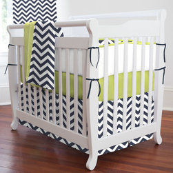 Navy and Citron Zig Zag Mini Crib Bedding - Baby Bedding