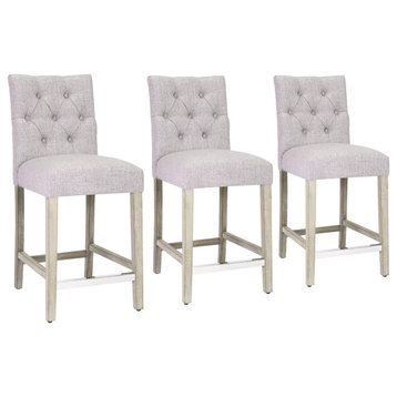 Hayes 24" Linen Fabric Tufted Counter Stool, Set of 3, Light Gray