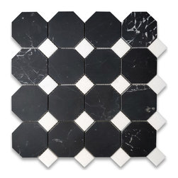 Stone Center Online - Nero Marquina Black Marble Octagon Mosaic Tile Thassos White Honed, 1 sheet - Mosaic Tile