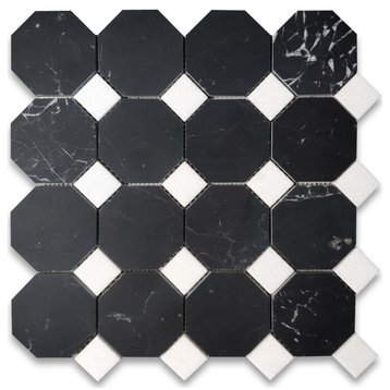 Nero Marquina Black Marble Octagon Mosaic Tile Thassos White Honed, 1 sheet