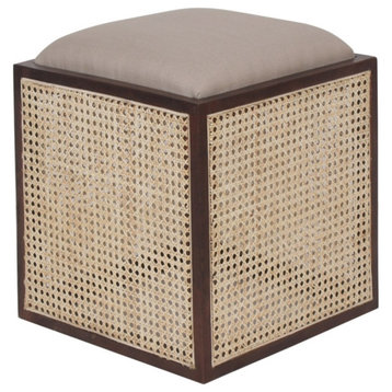 Casartis Living Jenny Cane 20" Wood and Fabric Cube Ottoman in Brown/Natural
