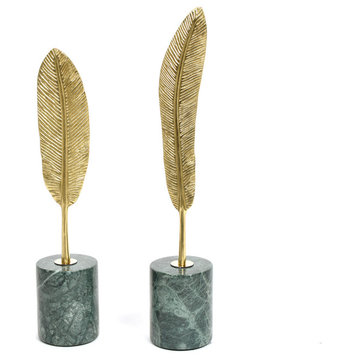 Flight Feathers Decorative Object, Set of 2, Gold Copper & Green Marble