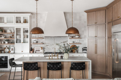 Inspiration for a country eat-in kitchen in Atlanta with shaker cabinets, white cabinets and with island.