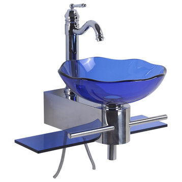 Blue Glass Wall Mount Sink Lotus Design with Chrome Faucet, Drain and Towel Bar