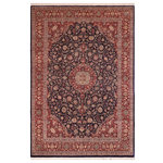 Bareens Designer Rugs - Kazveen Pak Persian Tammie Blue/Red Wool&Silk Rug - 9'9'' x 14'4'' - Designed with mesmerizing intricacy and gorgeous color palette, this hand-knotted masterpiece demonstrates the beauty and electrifying thrill of Pak Persian art. These meticulously hand-knotted Pak-Persian rug is made with pure wool and features breathtaking traditional, transitional, and tribal designs in bold luxurious color pallets. Known for their intricate designs these rugs are a reproduction of Persian rugs, made in Pakistan with unique Mughal designs. Made by master weavers using the same Persian texture, design and dying technique, we wanted to produce the most significant manifestation of Persian art, life, and culture. This rug is most famous for its exceptional quality, incredible designs, patterns, and vibrant rich color. Pak-Persian rugs made with Persian weave with high knot counts, which enables the high intricacy and detail found in the patterns are also referred to as "State of art", each color adds a rich beautiful detail in the artwork of this rug. The design, color, and beautiful chromatic composition with a vibrant sheen with intricate designs, exude beauty, elegance, and quality make this rug a masterpiece of its own.