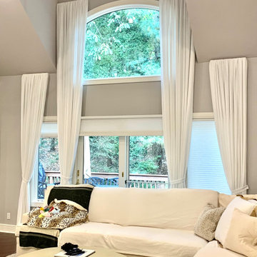 Floating Board Mounted Linen Drapery Panels on High & Low Windows in Family Ro