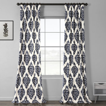 Ikat Blue Printed Cotton Curtain Single Panel, 50"x108"