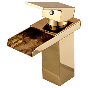 Chiasso Single Handle Waterfall Gold Deck Mounted Bathroom Faucet, 1