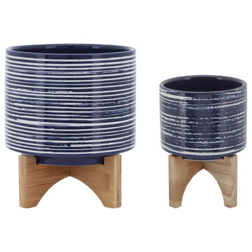 Ceramic Set of 2, 5", 8" Planter On Stand, Blue