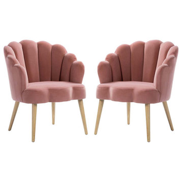 Scalloped Velvet Arm Chair With Tufted Back Set of 2, Pink