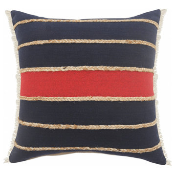 24" X 24" Navy Red And Tan 100% Cotton Striped Zippered Pillow
