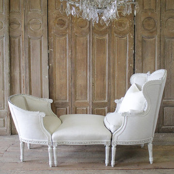 19th Century Louis XVI Style Three-Piece Chaise Brisse in Belgian Linen