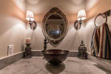 Small mountain style 3/4 bathroom photo in Nashville with gray walls, a vessel sink and quartzite countertops