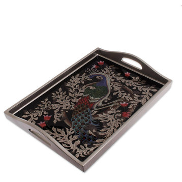 NOVICA Peacock Charm In Silver And Reverse-Painted Glass Tray  (17 Inch)