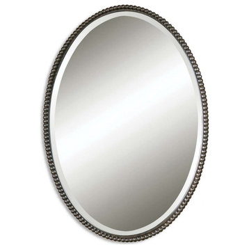 Modern Oval Beveled Mirror in Oil Rubbed Bronze Finish Hand Forged Metal Beaded
