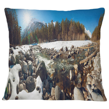 Baskan Mountain River at Wintertime Landscape Printed Throw Pillow, 18"x18"