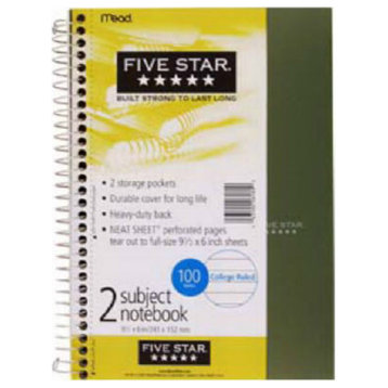 Mead® 06180 Five Star® Wirebound College Ruled Notebook, 9.5" x 6", 100-Count