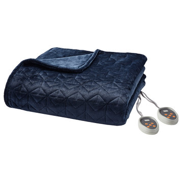 Beautyrest Quilted Plush Heated Bedding Blanket, Navy Blue