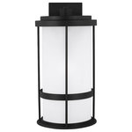 Sea Gull Lighting - Sea Gull Wilburn Large 1-LT LED Outdoor Wall, Black/White/Satin - With a nod to retro-industrial chic, the Wilburn outdoor fixtures wraps a white frosted glass shade in a fun metal cage to create a casual and easygoing look. Offered in Antique Bronze and Black finishes with Etched White glass, the assortment includes a one-light outdoor pendant, small medium, large, and extra-large one-light outdoor wall lanterns, a one-light out door post lantern and a one-light outdoor ceiling flush mount. Both incandescent lamping and ENERGY STAR-qualified LED lamping are available for most of the fixtures, and some can easily convert to LED by purchasing LED replacement lamps sold separately.