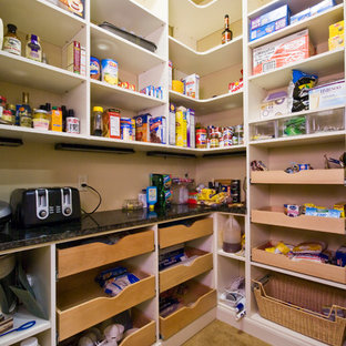 Large traditional kitchen pantry inspiration - Large elegant kitchen pantry photo in New Orleans with open cabinets and white cabinets