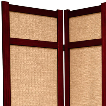 Traditional Room Divider, Wooden Frame With Jute Screens, Rosewood/4 Panels