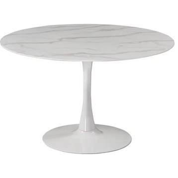 Contemporary Dining Table, Pedestal Base With White Faux Marble Top, 48" Round