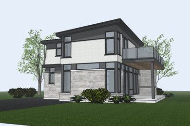Diseño de fachada de casa gris minimalista de tamaño medio de dos plantas con revestimiento de piedra y tejado de un solo tendido