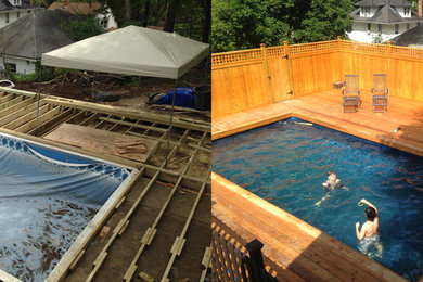Large elegant backyard rectangular natural pool photo in New York with decking