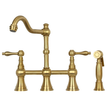 Vintage Bridge Kitchen Faucet, 2 Lever Handles With Side Sprayer, Brushed Gold