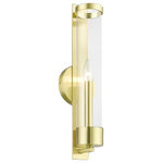 Livex Lighting - Castleton 1 Light Satin Brass Tall ADA Single Sconce - A glass cylinder shines with light as steel straps and a rounded back plate ground this Castleton sconce with a modern style. The clean, transitional, versatile sleek look will add romantic light while maintaining your minimalist interior. This beautiful sconce comes in a satin brass finish.  With its easy installation and low upkeep requirements, this light will not disappoint.