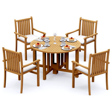 5-Piece Teak Dining Set, 48" Round Butterfly Table, 4 Cahyo Stacking Arm Chairs