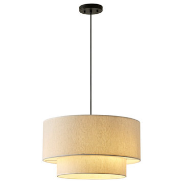 Modern Off-White Drum Pendant Light with 2-Tier Linen Fabrics Lampshade