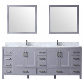 84 Inch Modern Dark Gray Double Sink Bathroom Vanity, White Marble, Mirror