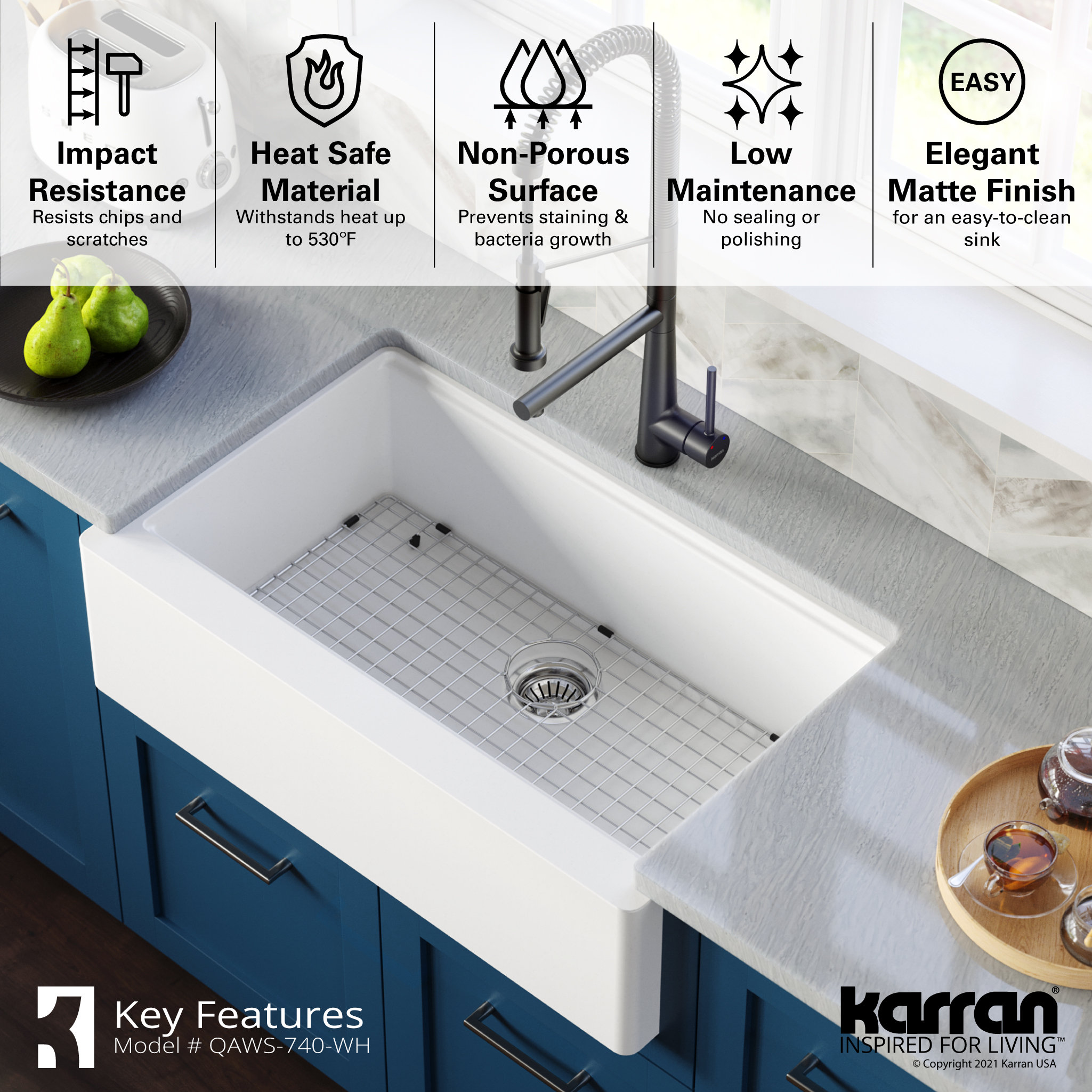 Karran 34" Quartz Farmhouse Single Bowl Workstation Kitchen Sink, White
