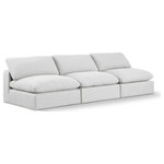 Meridian Furniture - Comfy Upholstered Modular Sofa, White, 3-Piece: 3 Armless Chair, Linen Textured Fabric - Give your space a whole new look with this white Comfy linen textured fabric sofa. This handsome sofa fits nicely with other items in the Comfy collection and is a versatile seating option designed for adaptability, comfort and style. Wrapped in rich white durable linen textured fabric upholstery, this sofa offers a plush embrace of overstuffed down feather cushions, carefully crafted to deliver the highest level of comfort. The perfect seat for creating an oasis for relaxation, this sofa has thick foam surrounding its frame for added support and coziness.