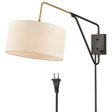 Swing Arm Wall Lamp,Plug in Wall Mount Light with Off-White Fabric Shade