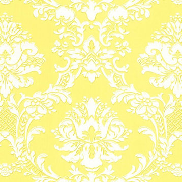 Stripes And Damasks, Classic Damask Stripes Yellow, White Wallpaper Roll