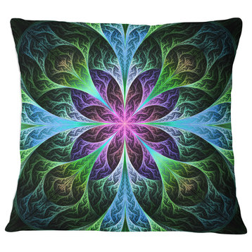 Glowing Blue and Green Fractal Flower Pattern Floral Throw Pillow, 18"x18"
