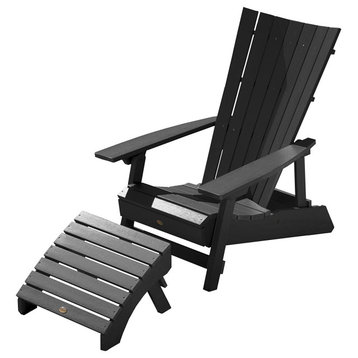 Unique Adirondack Chair With Folding Ottoman, Slatted High Back, Black