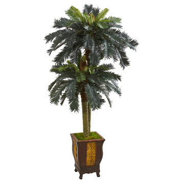 6' Double Sago Palm Artificial Tree, Designer Planter