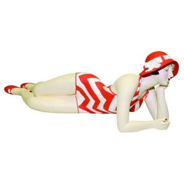 Retro Bathing Beauty Lying Figurine, Swim Suit Woman Orange Chevron Stripe